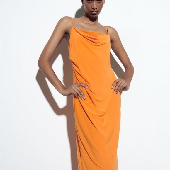 Zara Draped Neck Dress with thin double straps in back Orange L NWT - Picture 2 of 10